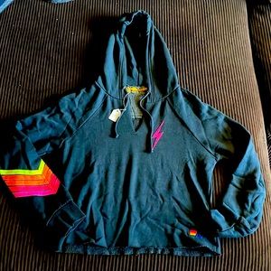 Brand new with tag Aviator Nation Charcoal Neon Chevron Bolt Hoodie, Medium